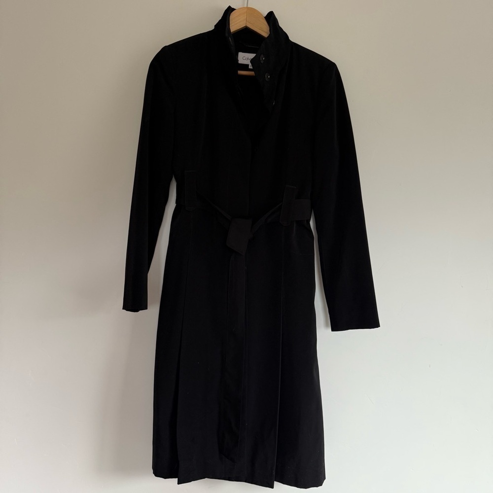 Calvin Klein Long Black Belted Coat | Size XS | Pre-Owned